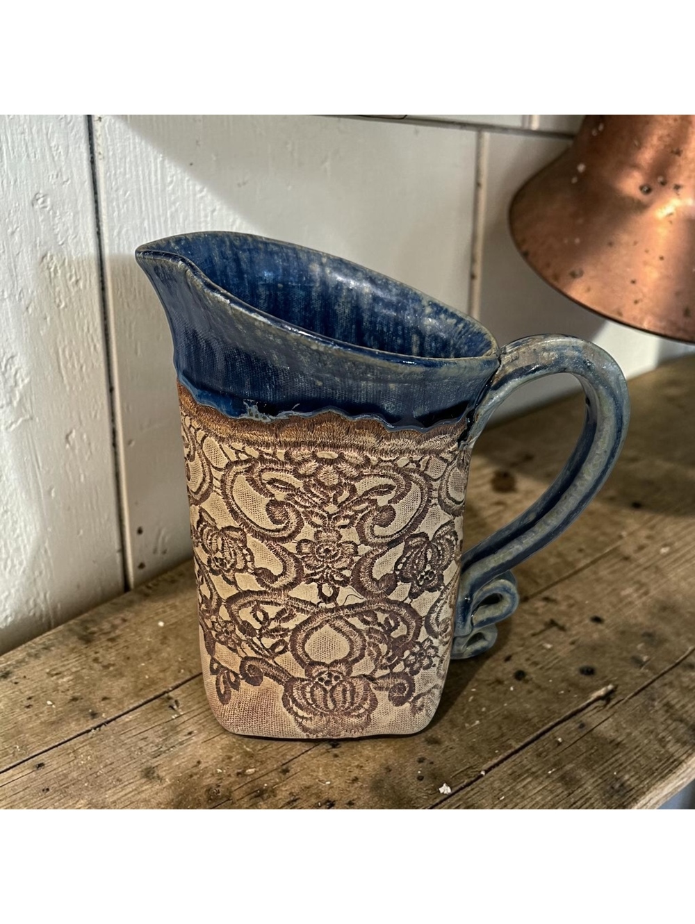 Signed 2002 Studio Pottery Pitcher Slab Built Lace Textile Impressed Blue Glaze